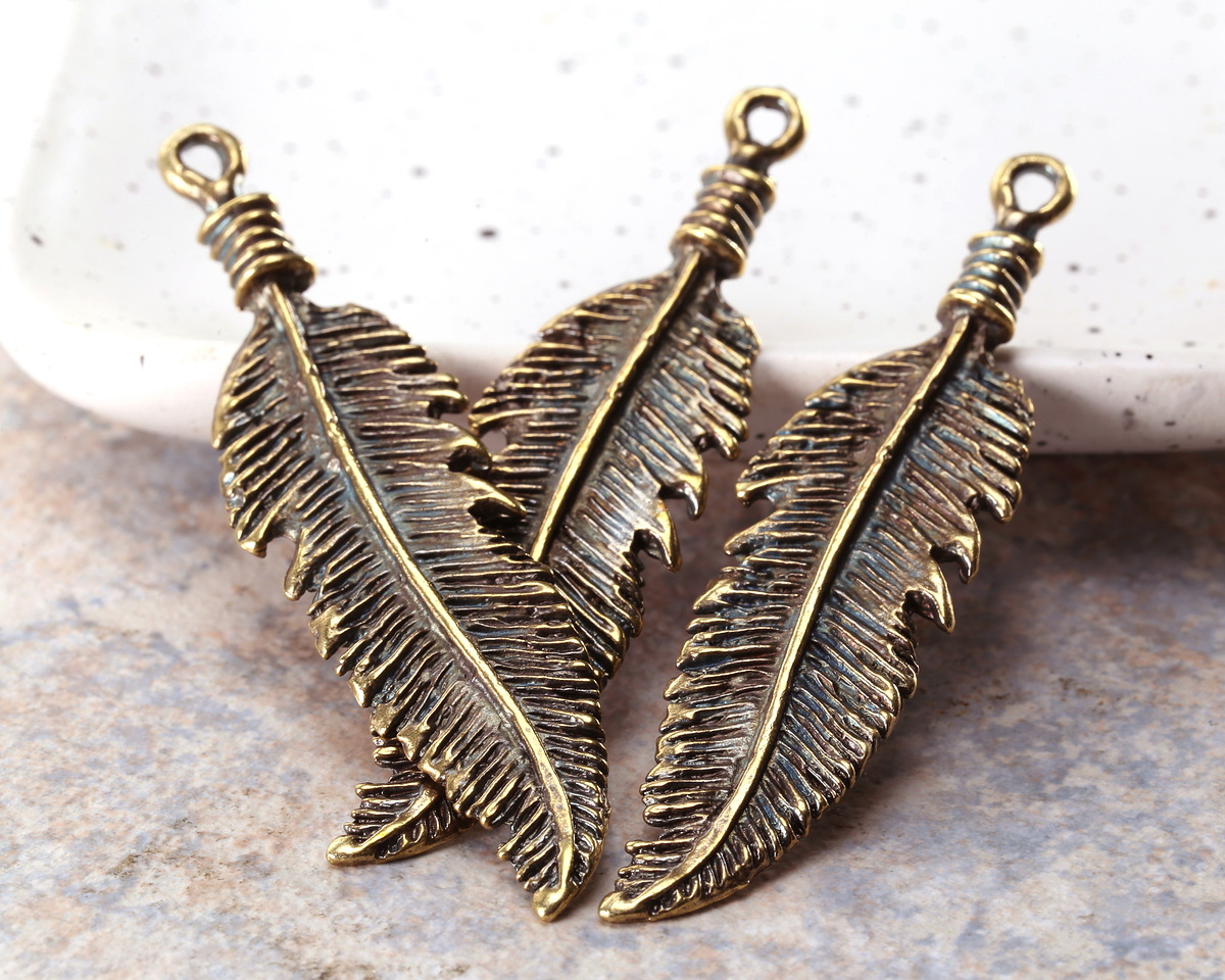 Mykonos Antique Brass (plated) Feather Pendant 17x67mm