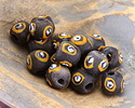 African Hand-Painted Yellow Rings & White Dot on Black Powder Glass (Krobo) Round 12-13mm