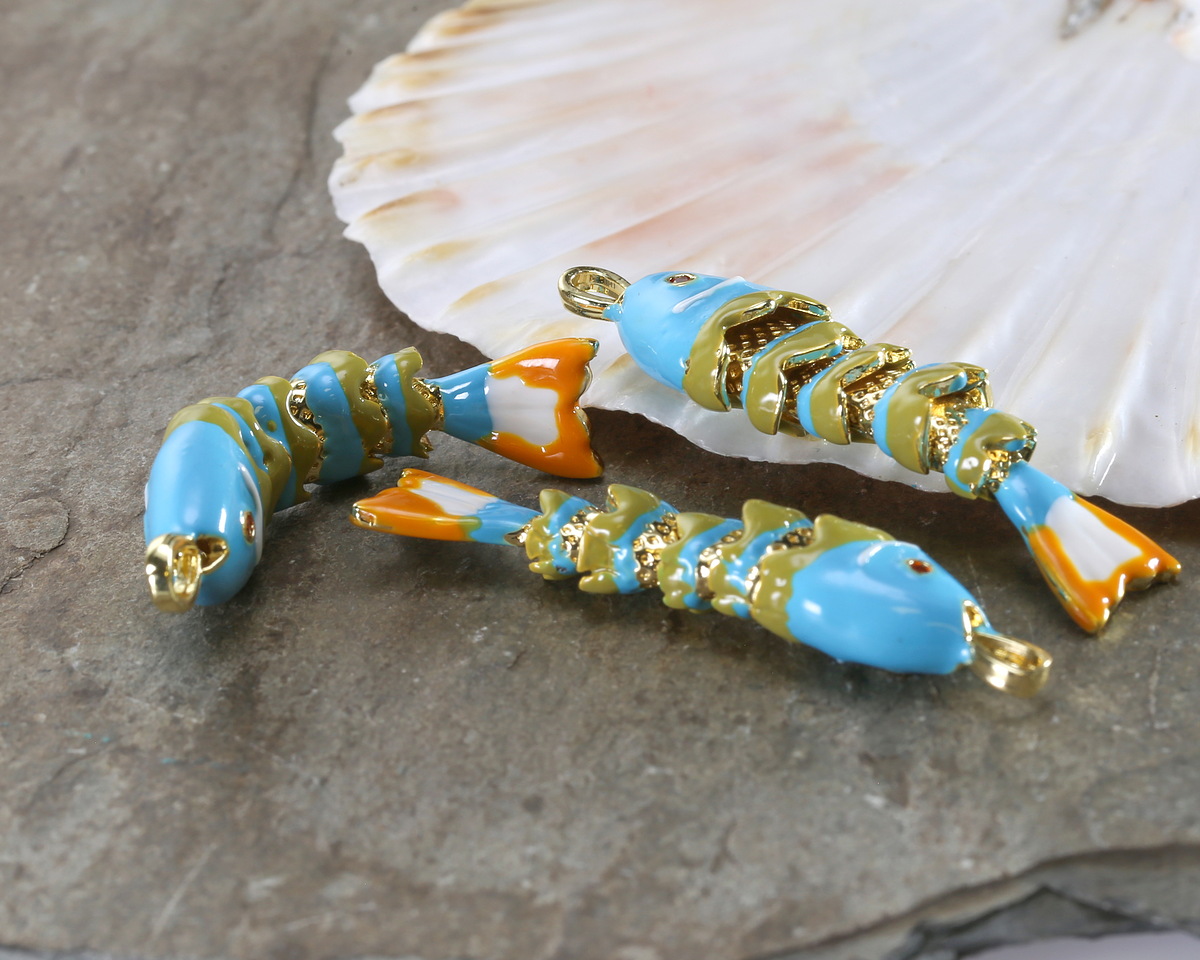 18k Gold (plated) Aqua, Mustard, & Orange Enamel Articulated Fish Focal 10.5x46mm