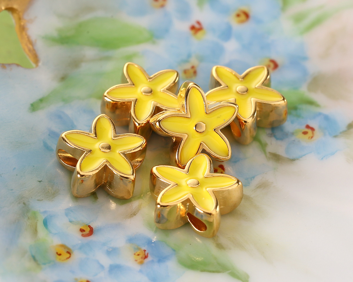 24K Gold (plated) Yellow Enamel Flower Bead 11mm