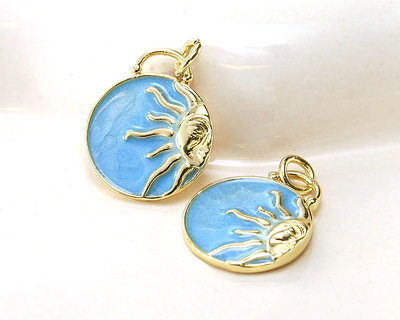 Lake Blue Marbled Enamel w/ Gold Finish Sunrays Charm Pendant 15x18.5mm