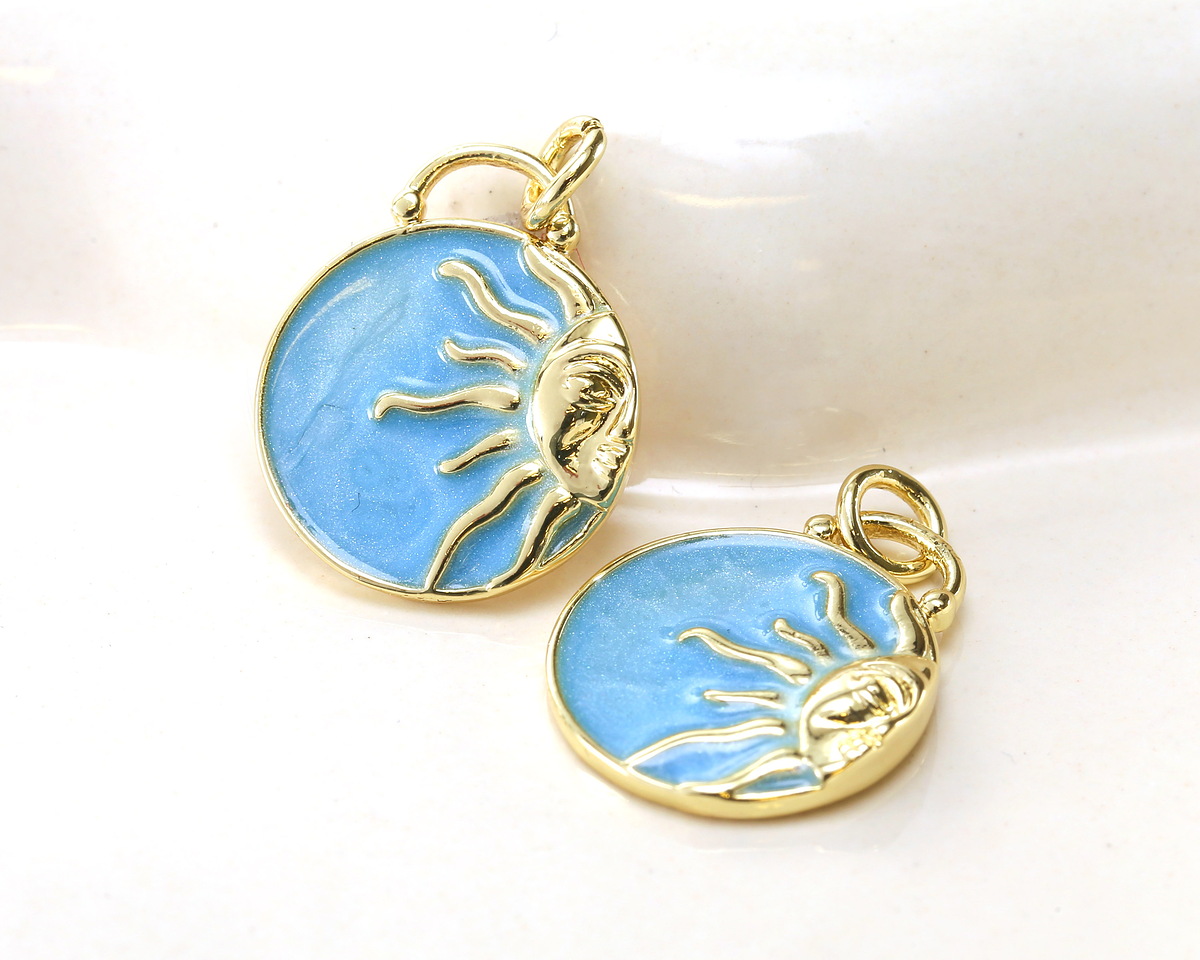 Lake Blue Marbled Enamel w/ Gold Finish Sunrays Charm Pendant 15x18.5mm