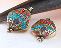 Nepalese Brass w/ Turquoise, Lapis & Coral Mosaic Pendant 29x41mm