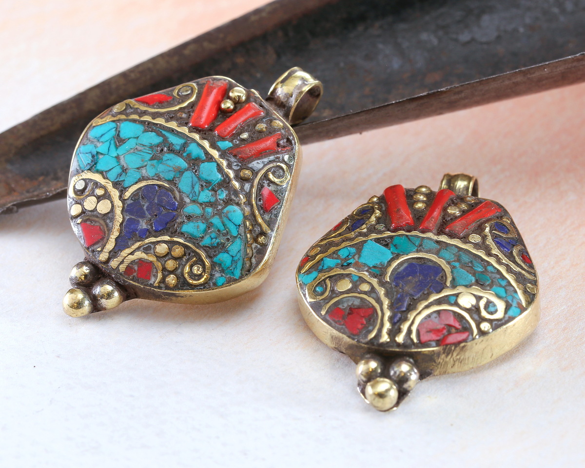 Nepalese Brass w/ Turquoise, Lapis & Coral Mosaic Pendant 29x41mm