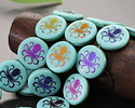 Czech Glass Laser Etched Octopus on Turquoise w/ Metallic Rainbow Coin 17mm