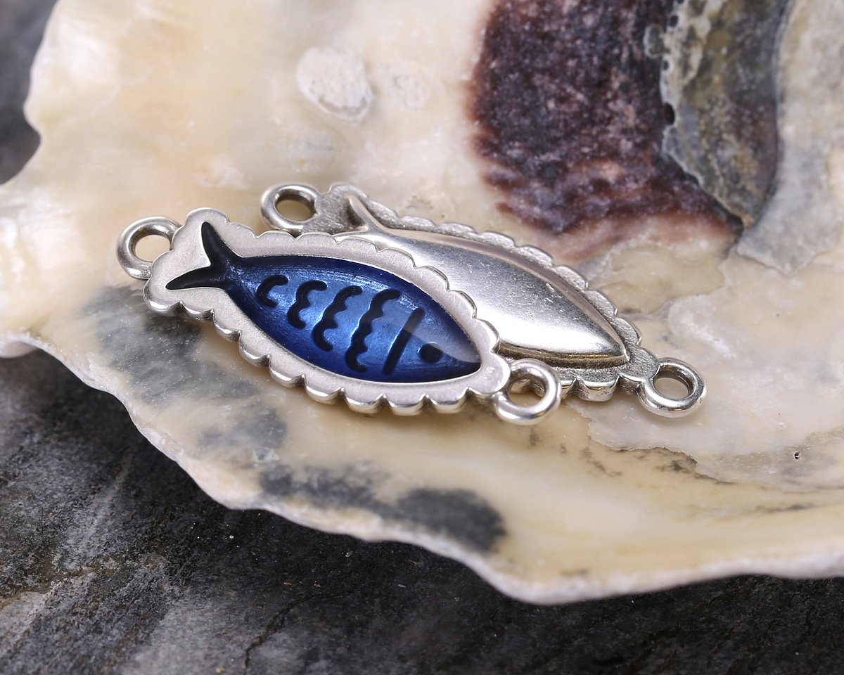Antique Silver (plated) Transparent Navy Blue Enamel Fish Focal Link 27x10mm