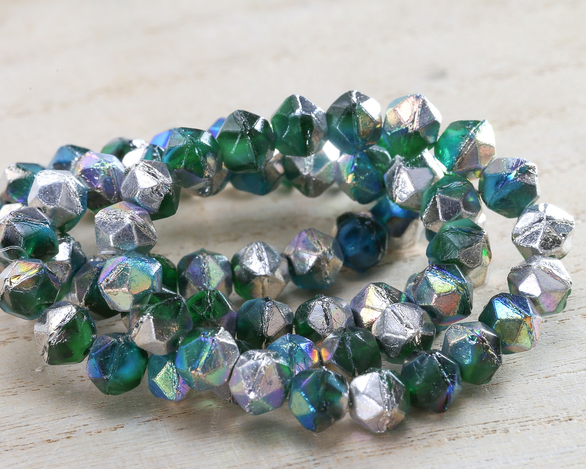 Czech Glass Beach Glass Mix AB w/ Silver English Cut Bead 7x8mm