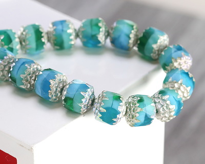 Czech Glass Aquamarine Waters AB w/ Antique Silver Lantern 8mm