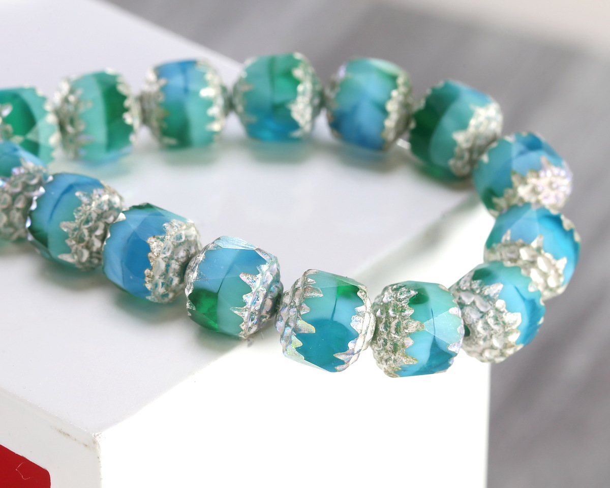 Czech Glass Aquamarine Waters AB w/ Antique Silver Lantern 8mm