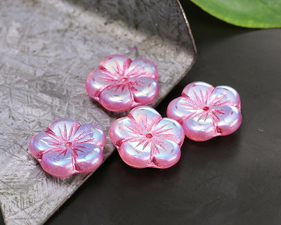 Czech Glass Pink Lustered Crystal AB Flower 14mm