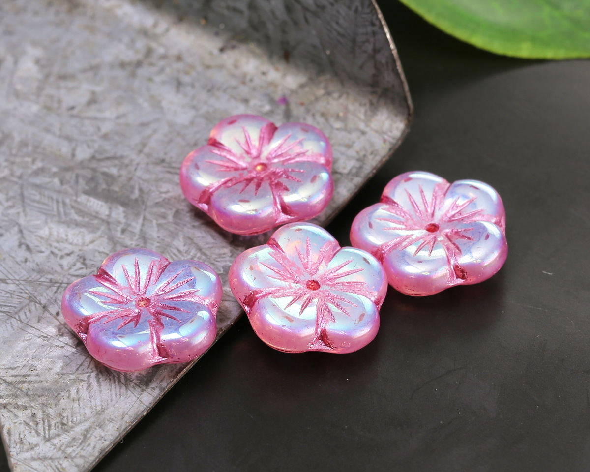 Czech Glass Pink Lustered Crystal AB Flower 14mm
