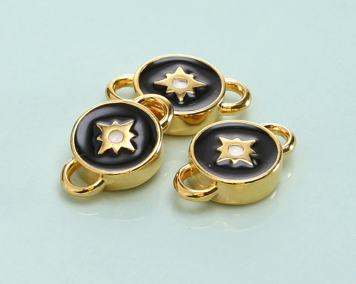 24K Gold (plated) Jet & White Enamel North Star Round Focal Link 16x10mm