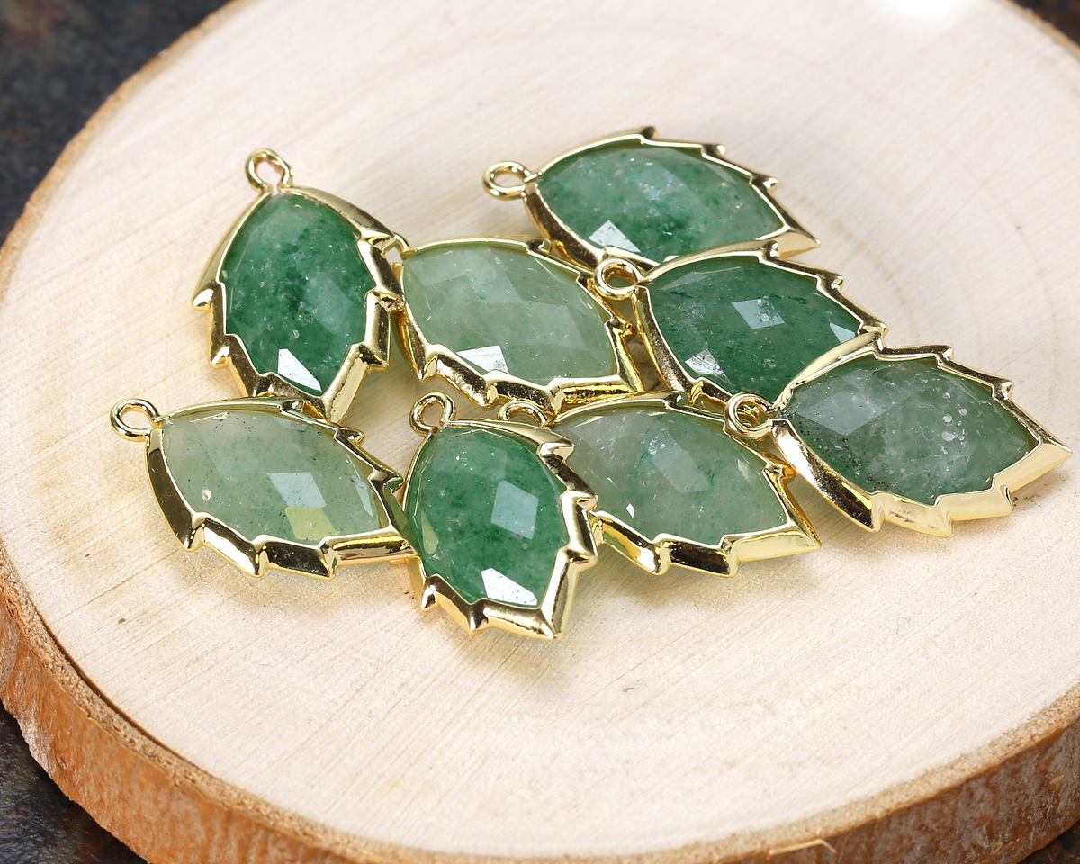 Green Strawberry Quartz Faceted Puff Leaf Focal w/ Gold Finish 14x22mm