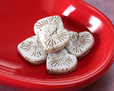 Czech Glass Matte White w/ Brown Wash Starburst Heart 14mm