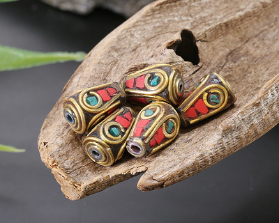 Nepalese Brass w/ Turquoise & Coral Mosaic Plumes Drop 12x8mm