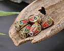 Nepalese Brass w/ Turquoise & Coral Mosaic Plumes Drop 12x8mm