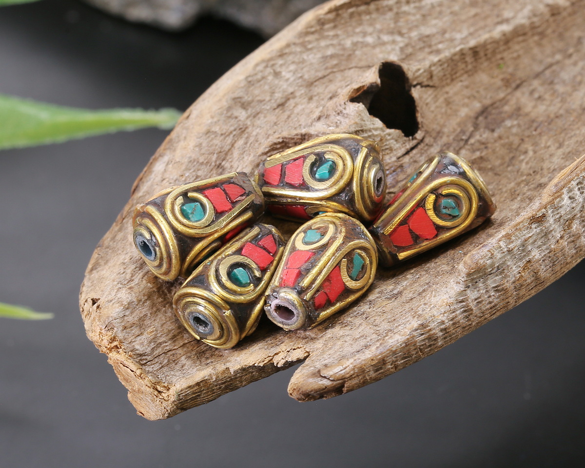 Nepalese Brass w/ Turquoise & Coral Mosaic Plumes Drop 12x8mm