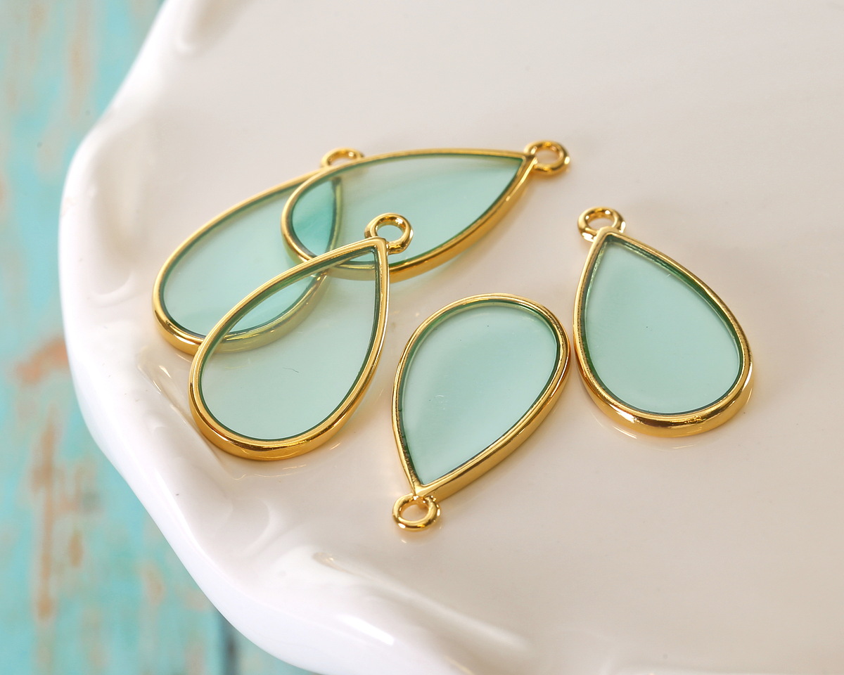 24K Gold (Plated) Transparent Sea Green Resin Drop Focal 13x23mm