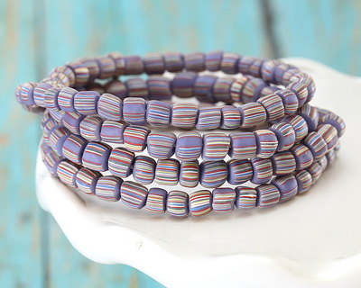Java Glass Lavender & White w/ Stripes Graduated Gooseberry Beads 3-6x4-6mm