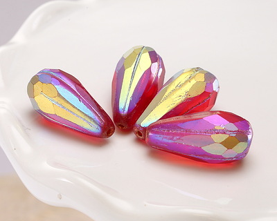 Czech Glass Matte Ruby Red AB w/ Copper Faceted Melon Teardrop 23x11mm
