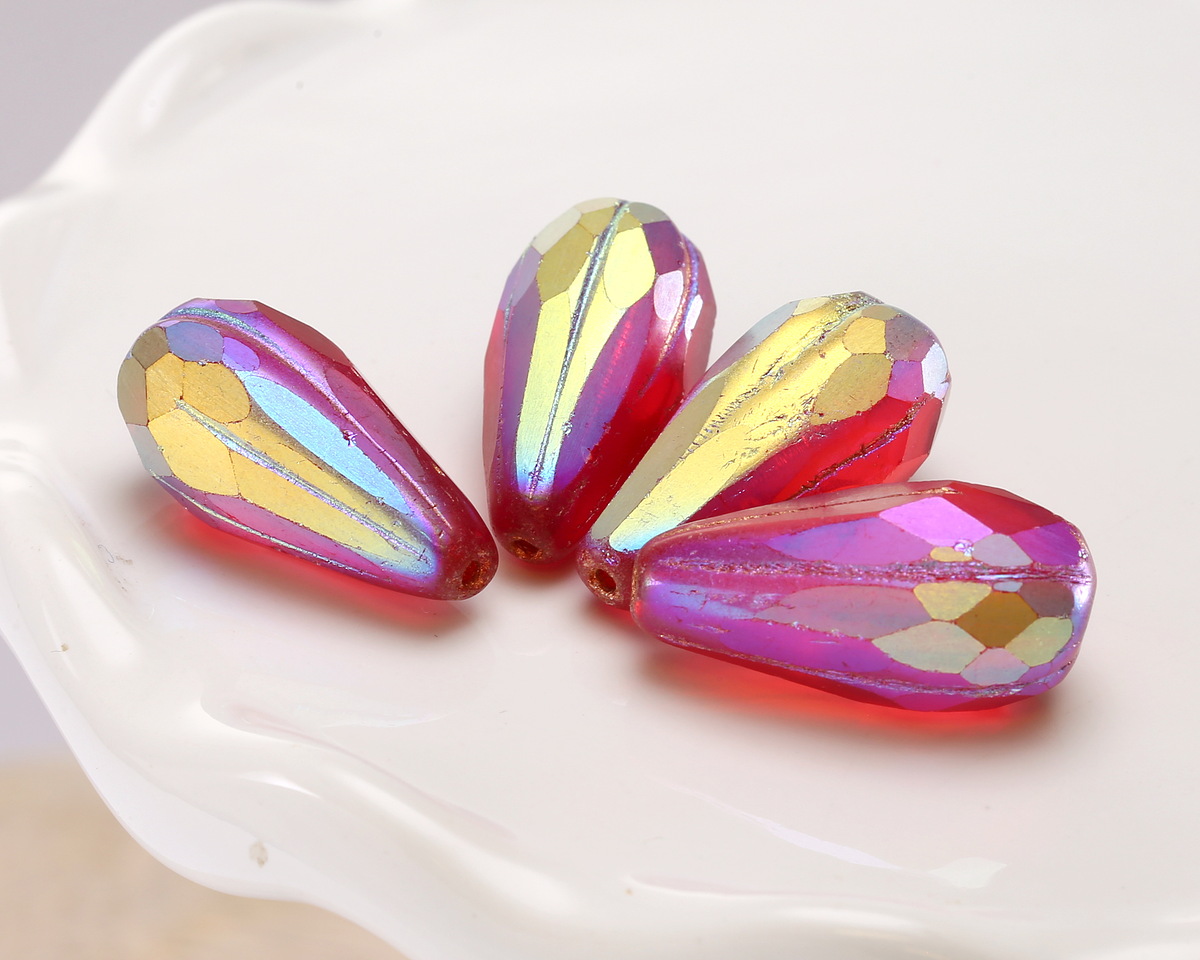 Czech Glass Matte Ruby Red AB w/ Copper Faceted Melon Teardrop 23x11mm