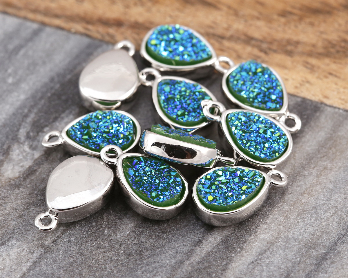 Metallic Green Turquoise Crystal Druzy Teardrop Charm in Silver Finish Bezel 9x14mm