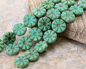 Czech Glass Green Turquoise Picasso Flower Window Coin 12mm