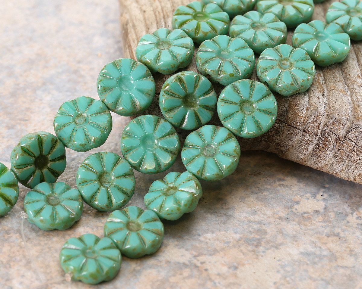 Czech Glass Green Turquoise Picasso Flower Window Coin 12mm