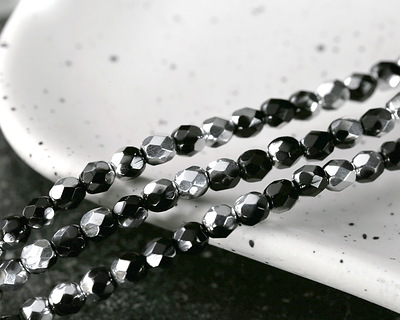 Czech Glass Jet 1/2 Silver Fire Polished Round 4mm