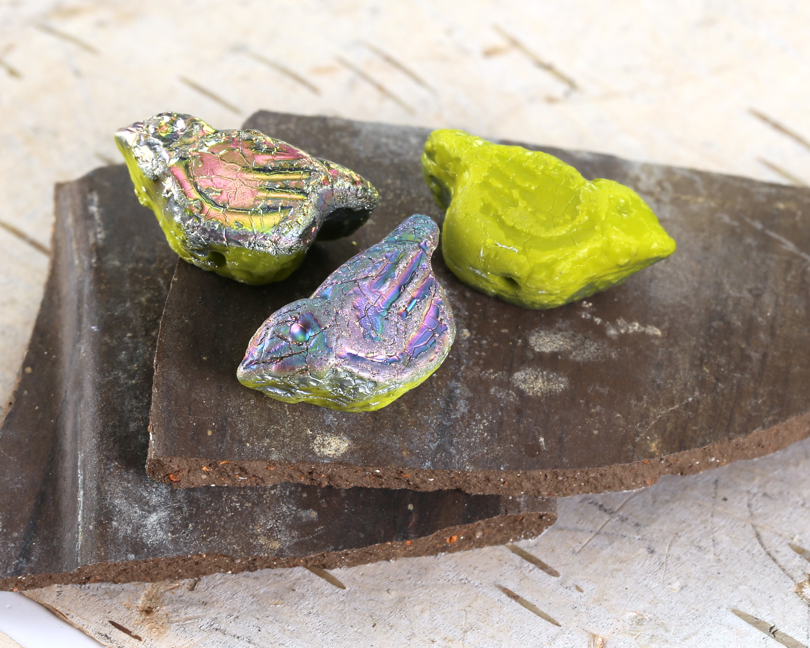 Czech Glass Textured Wasabi w/ Antique Vitrail Bird 11x22mm