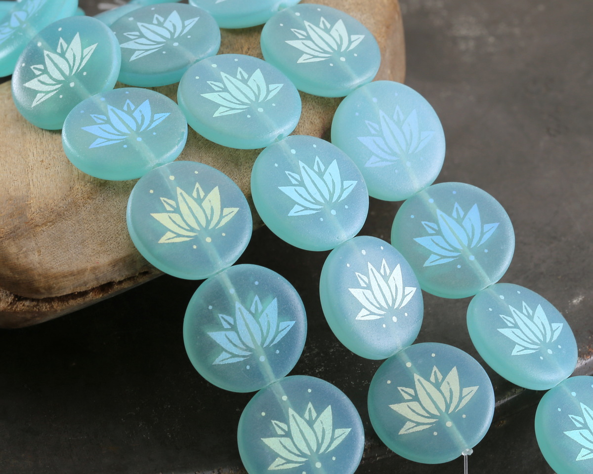 Czech Glass Laser Etched Lotus on Aqua Blue Opal w/ AB Finish Coin 17mm