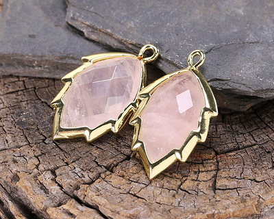 Rose Quartz (Natural) Faceted Puff Leaf Focal w/ Gold Finish 14x22mm