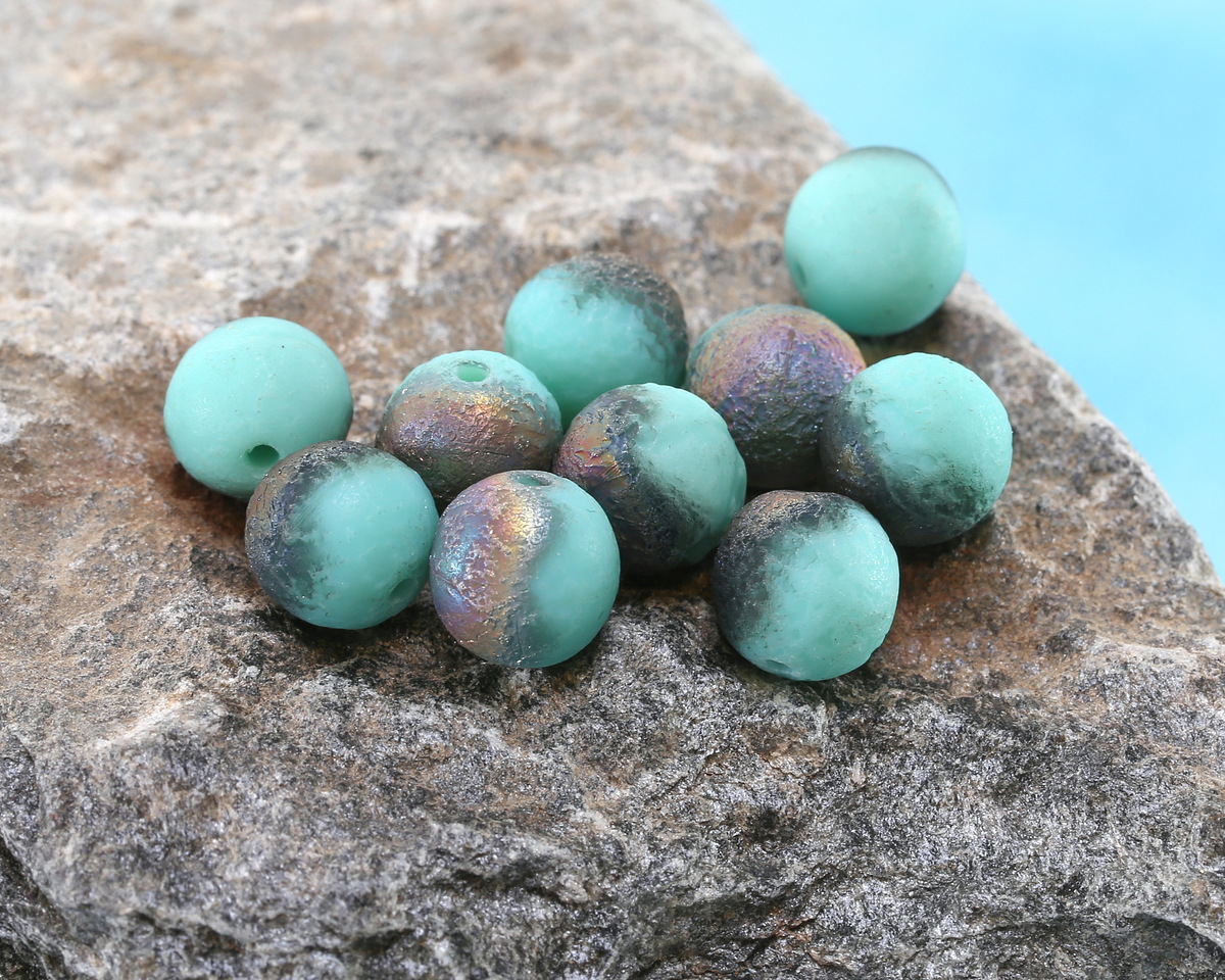 Czech Glass Textured Matte Turquoise w/ Rainbow Metallic Finish Round Druk 8mm