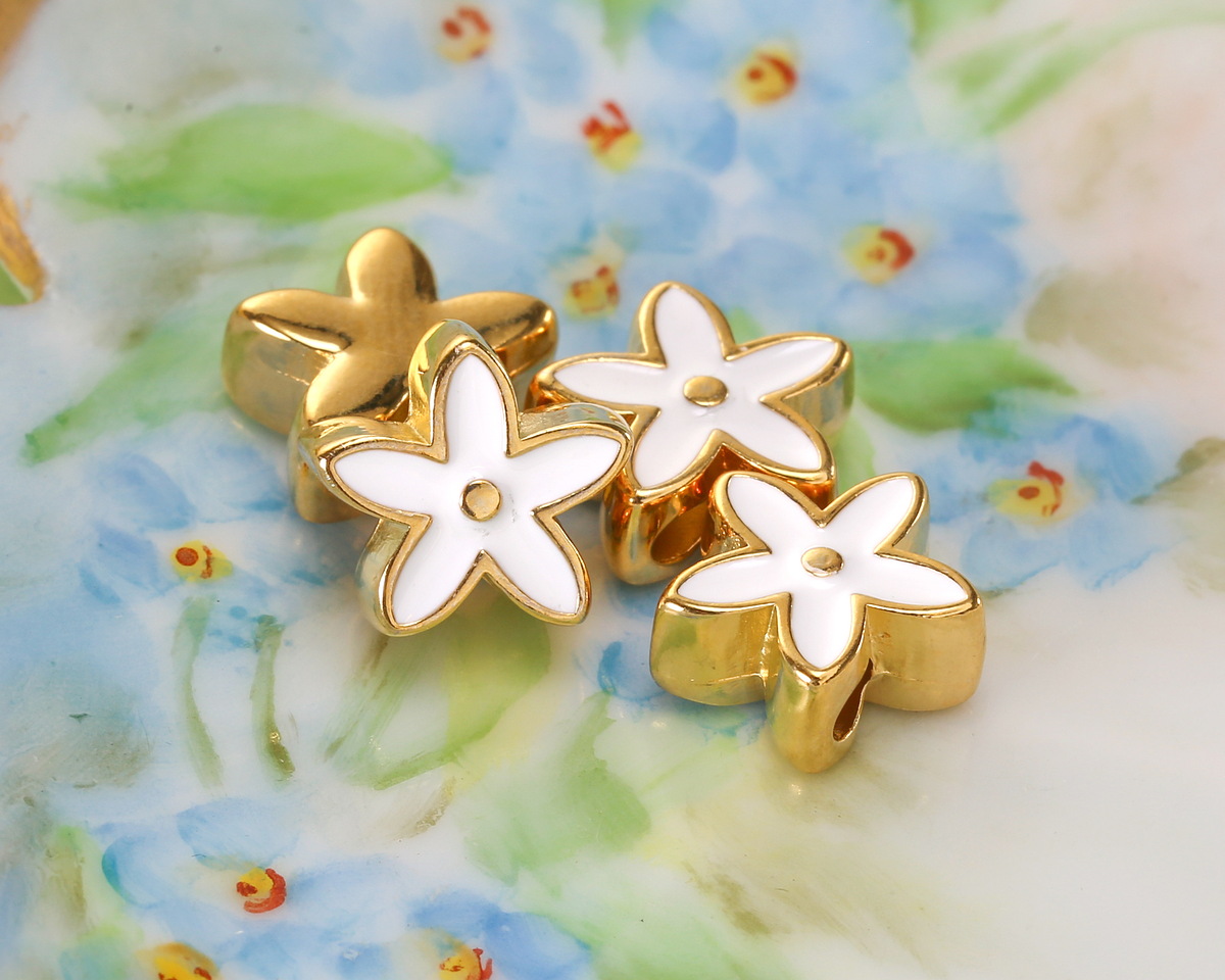 24K Gold (plated) White Enamel Flower Bead 11mm