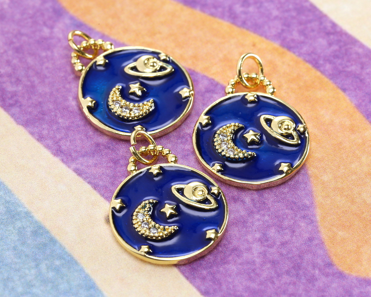 Cobalt Shimmer Enamel w/ Gold Finish Moon & Saturn Focal 15x18.5mm