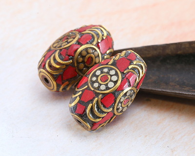Nepalese Brass Rice Bead w/ Coral Mosaic 21x12mm