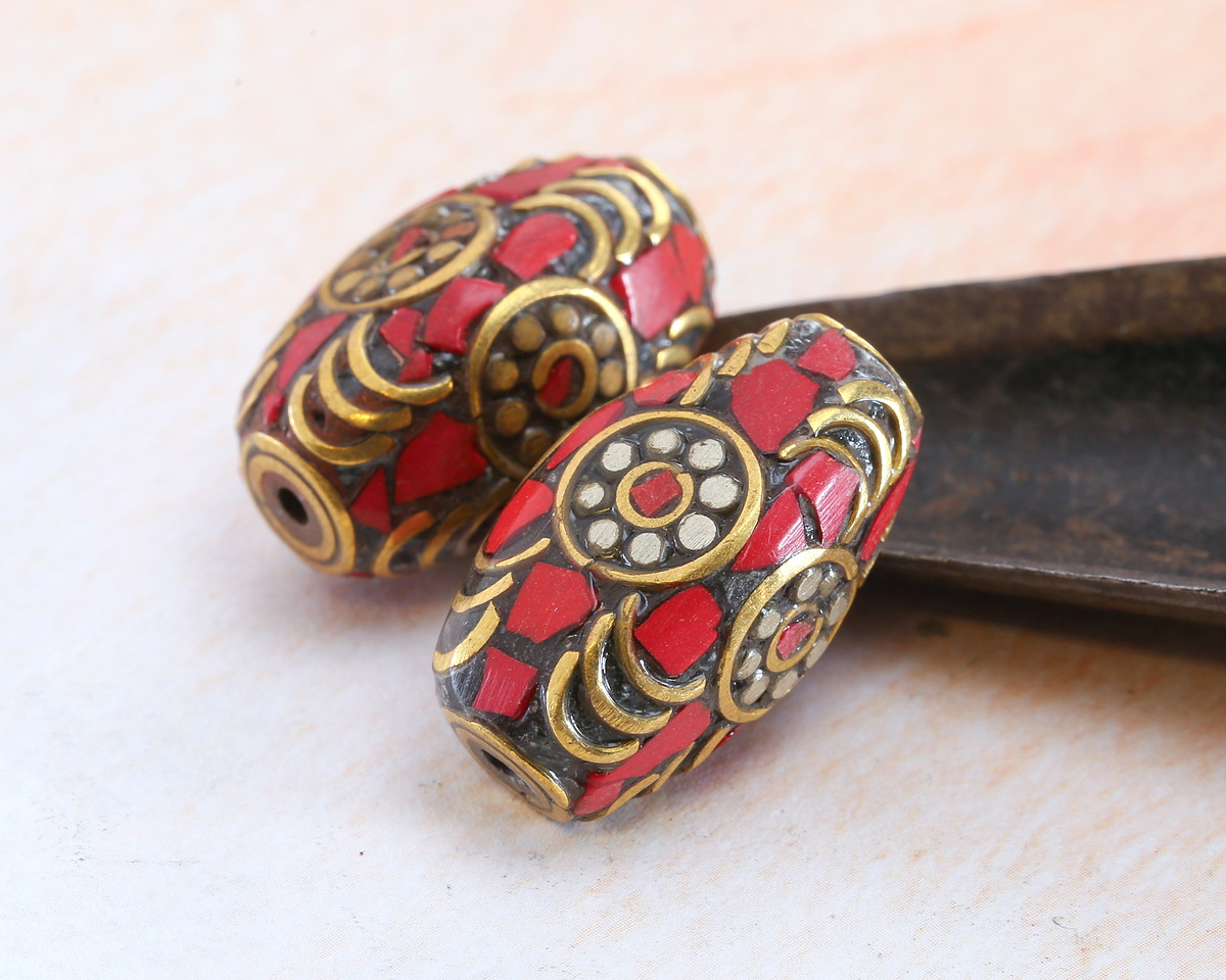 Nepalese Brass Rice Bead w/ Coral Mosaic 21x12mm