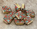 Nepalese Brass w/ Floral Turquoise & Coral Mosaic Diamond Focal Bead 20-21x17-18mm