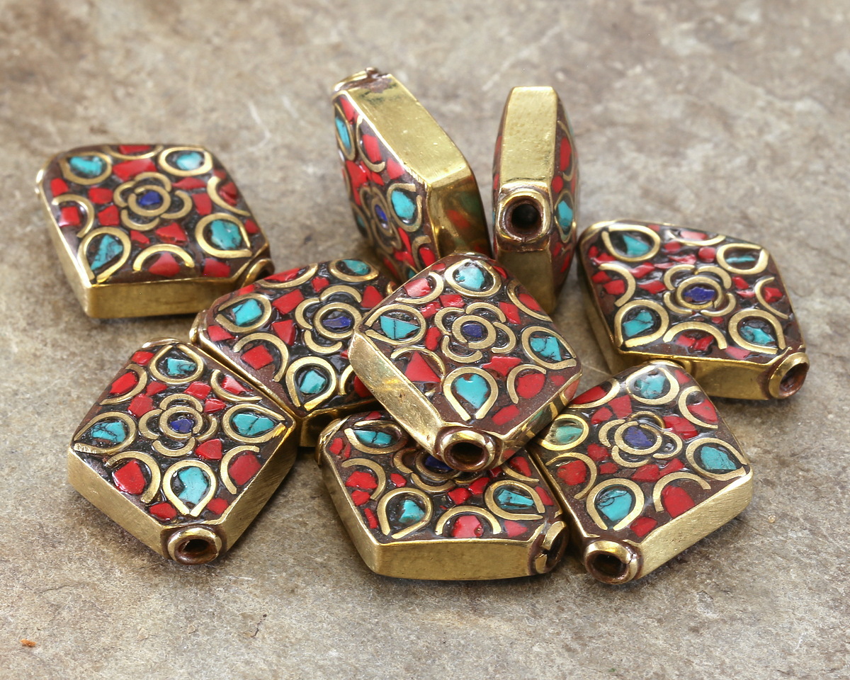 Nepalese Brass w/ Floral Turquoise & Coral Mosaic Diamond Focal Bead 20-21x17-18mm