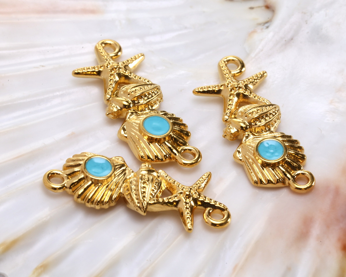 24K Gold (plated) Aqua Enamel Sea Elements Focal Link 26x11mm