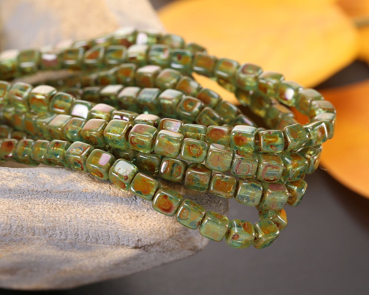 Czech Glass Aquamarine Picasso Cube 4mm