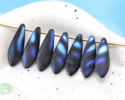 Czech Glass Matte Jet w/ Blue AB Dagger 5x16mm