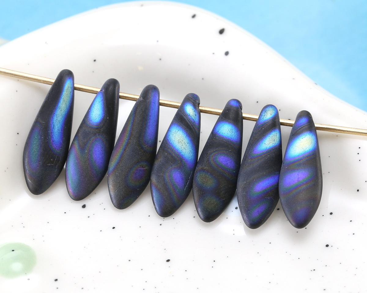 Czech Glass Matte Jet w/ Blue AB Dagger 5x16mm