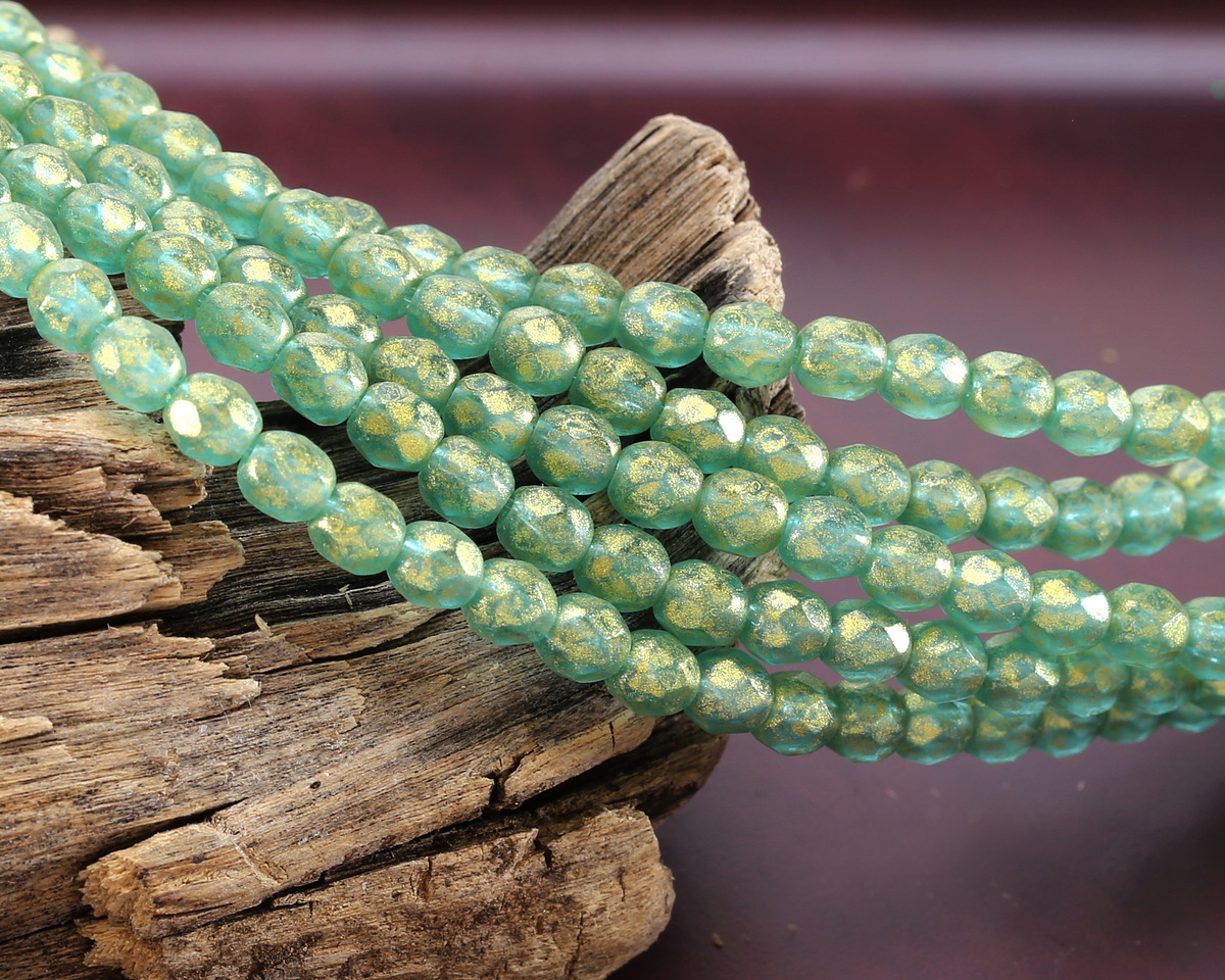 Czech Glass Matte Aquamarine w/ Gold Fire Polished Round 4mm