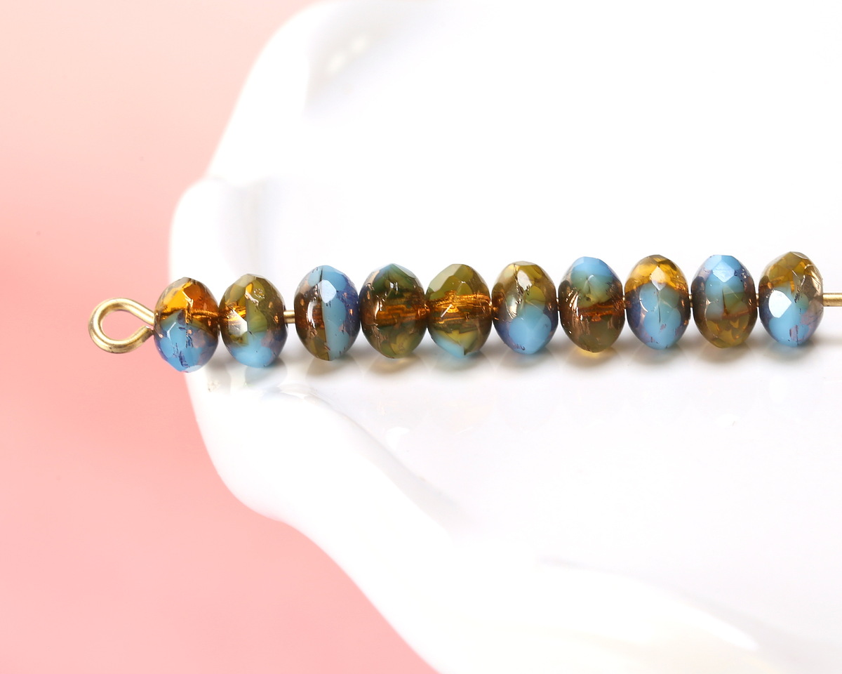Czech Glass Bronzed Medium Blue and Amber Fire Polished Rondelle 3x5mm
