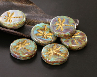 Czech Glass Turquoise Picasso w/ Matte Gold Dragonfly Coin 17mm