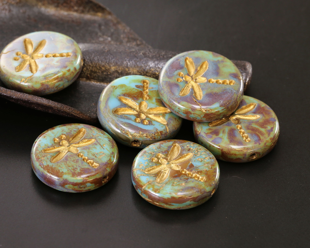 Czech Glass Turquoise Picasso w/ Matte Gold Dragonfly Coin 17mm