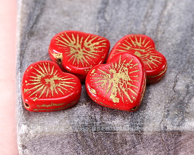 Czech Glass Pepper Red w/ Gold Starburst Heart 13x14mm