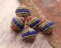 Nepalese Brass w/ Bands of Coral & Lapis Dots Rice 17mm