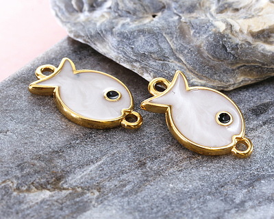 24K Gold (plated) White Pearl Enamel Fish Focal Link 19x11mm